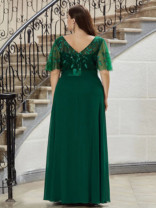 A-Line Prom Dresses Empire Dress Evening Party Floor Length Short Sleeve Jewel Neck Chiffon V Back