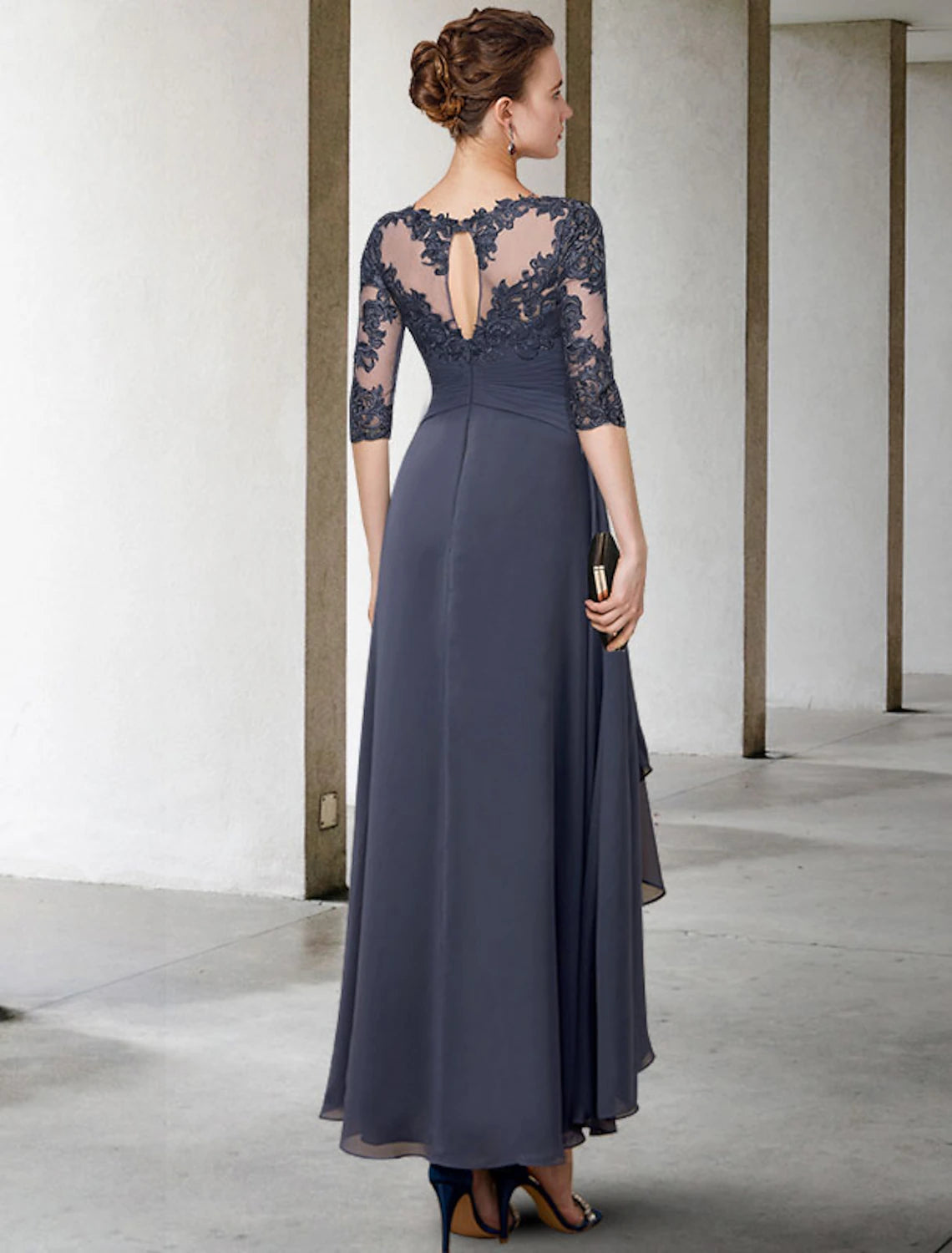 A-Line Mother of the Bride Dress Fall Wedding Guest Plus Size Elegant High Low Jewel Neck Asymmetrical Tea Length Chiffon Lace Half Sleeve with Ruched
