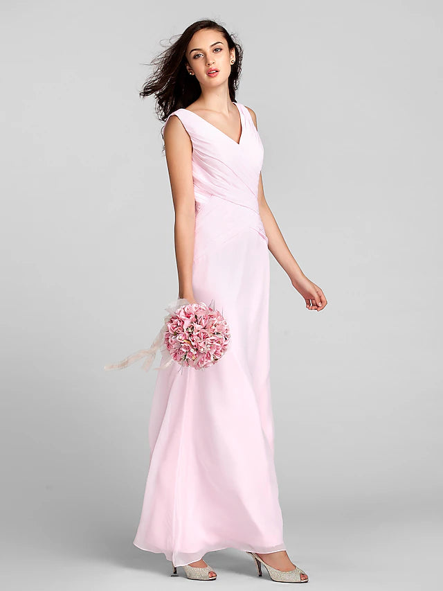 Sheath / Column Bridesmaid Dress V Neck Sleeveless Floor Length Chiffon with Criss Pure Color Pure Color Cross