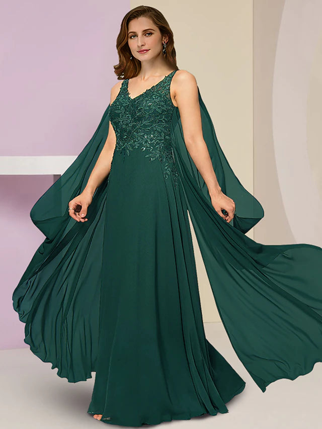 Plus Size Curve Mother of the Bride Dress Wedding Guest Vintage Party V Neck Floor Length Chiffon Lace Sleeveless with Pleats