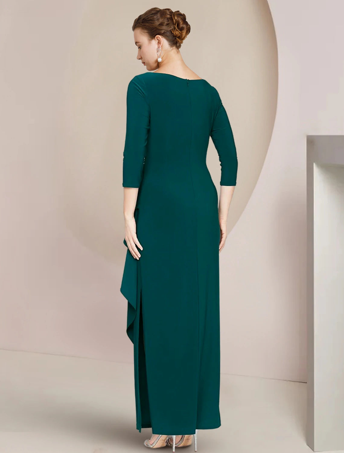 Sheath / Column Mother of the Bride Dress Wedding Guest Elegant Scoop Neck Ankle Length Stretch Chiffon 3/4 Length Sleeve with Crystals Ruffles