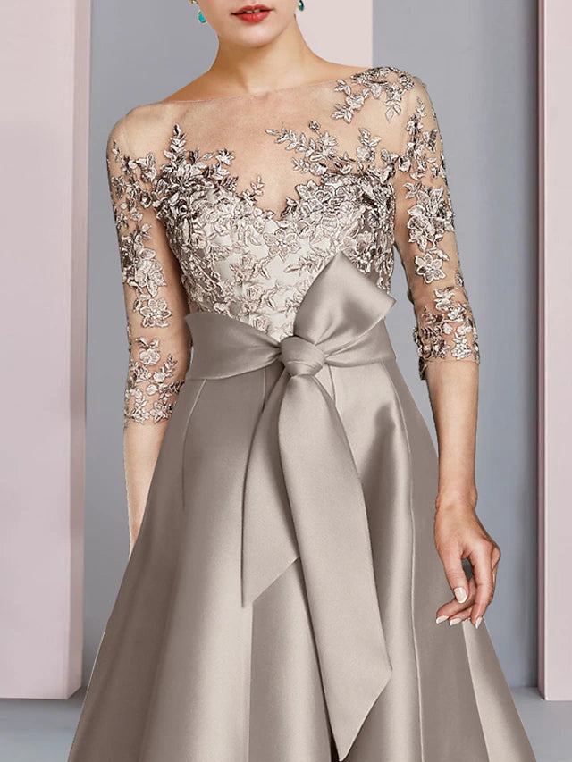 A-Line Mother of the Bride Dress Wedding Guest Party Elegant Scoop Neck Tea Length Satin Lace Half Sleeve