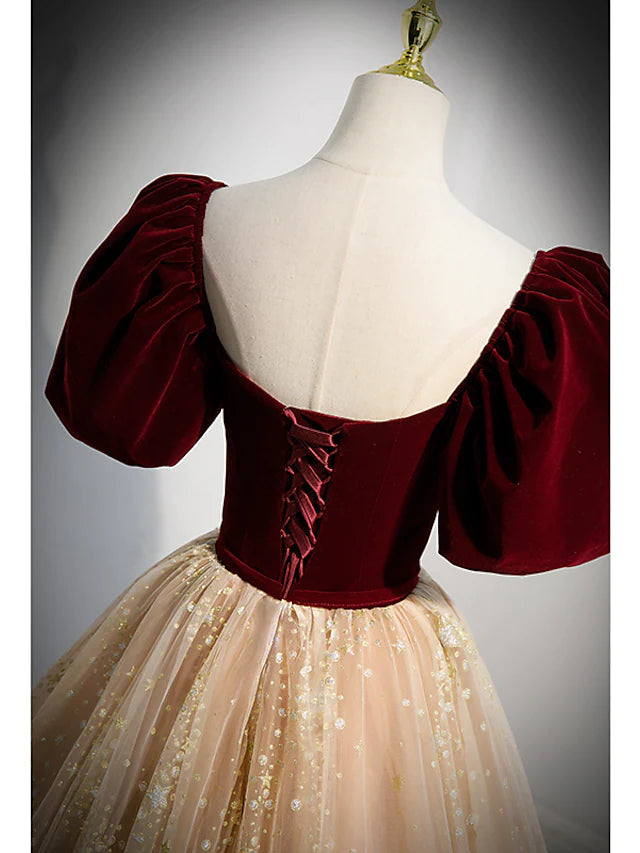 A-Line Prom Dresses Princess Dress Engagement Floor Length Short Sleeve Sweetheart Tulle with Bow(s)