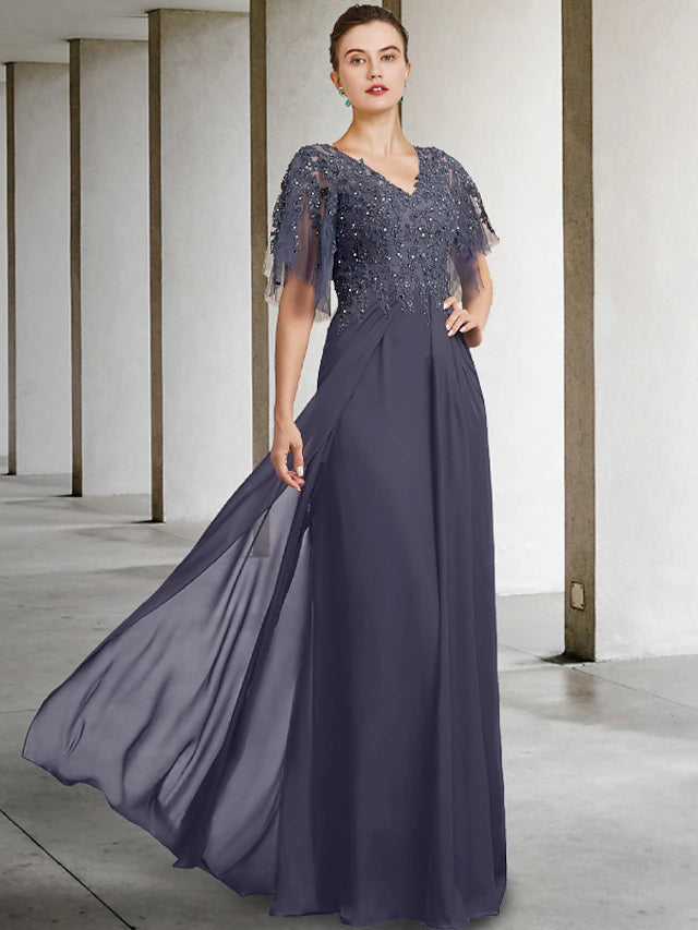 A-Line Plus Size Curve Mother of the Bride Dress Elegant V Neck Floor Length Chiffon Lace Short Sleeve with Beading Sequin