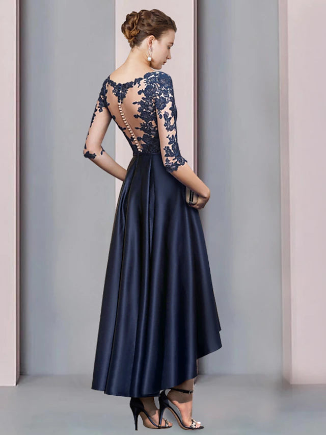 A-Line Mother of the Bride Dress Wedding Guest Vintage Sexy V Neck Asymmetrical Satin Lace Half Sleeve