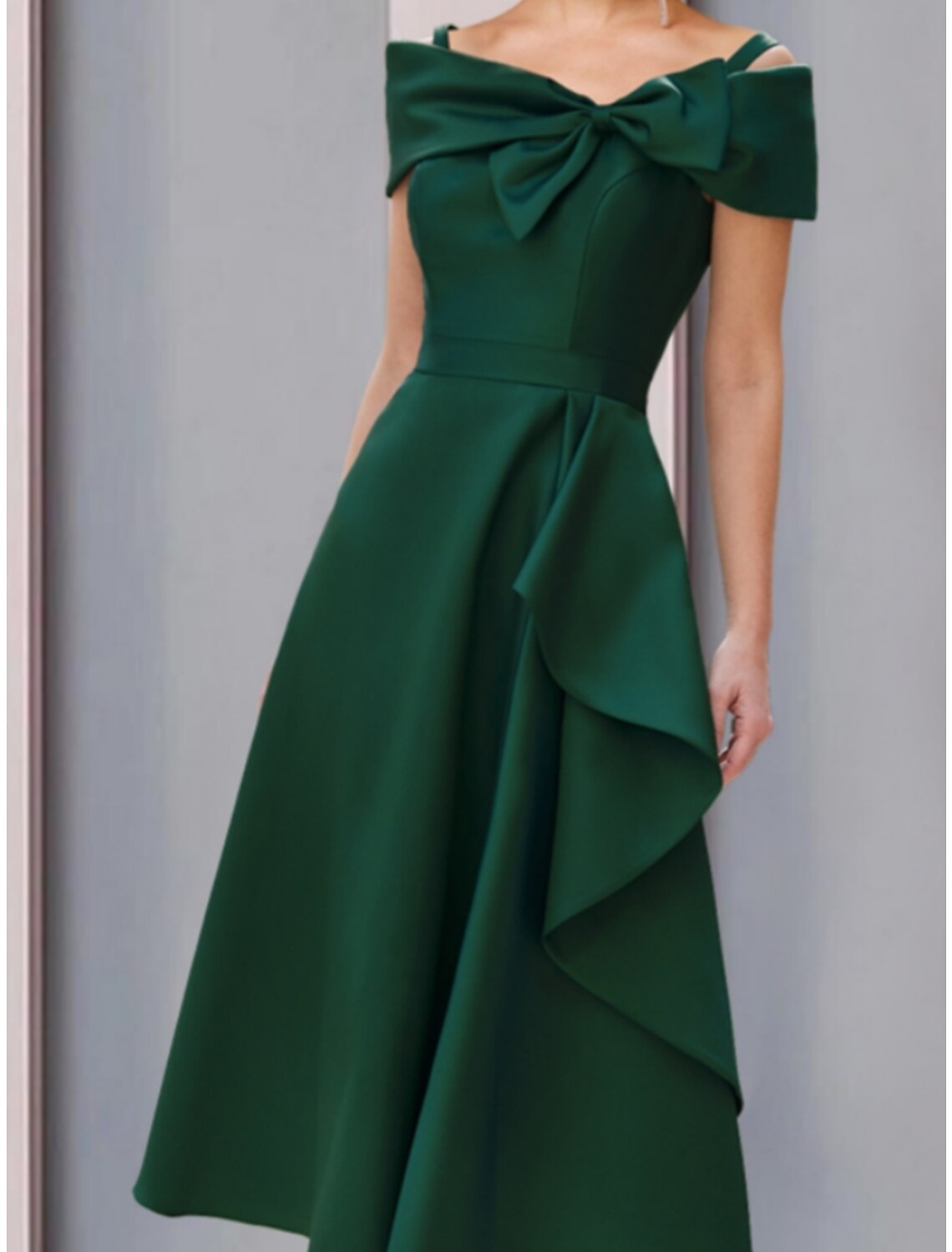 A-Line Mother of the Bride Dress Wedding Guest Elegant Off Shoulder Tea Length Satin Short Sleeve with Bow(s)
