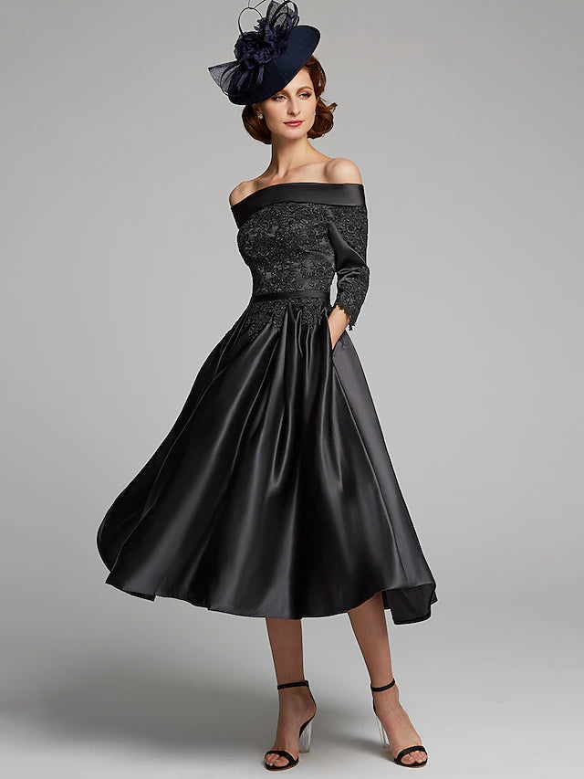 A-Line Mother of the Bride Dress Plus Size Sexy Off Shoulder Tea Length Satin Lace 3/4 Length Sleeve