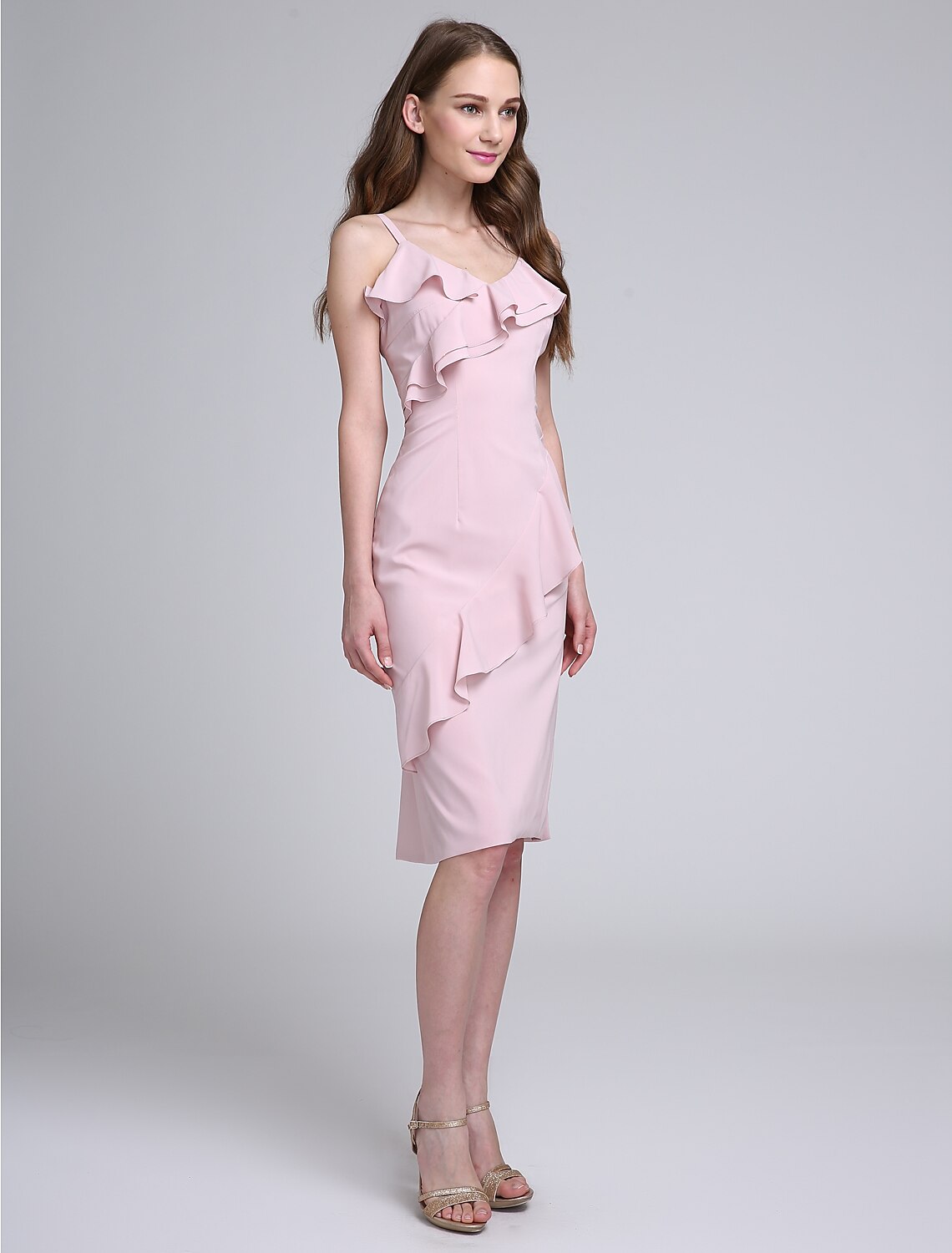 Sheath / Column Bridesmaid Dress Spaghetti Strap Sleeveless Elegant Knee Length Chiffon