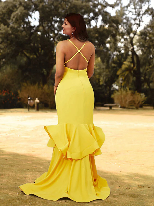 Mermaid / Trumpet Evening Gown Plus Size Dress Wedding Guest Floor Length Sleeveless V Neck Stretch Chiffon with Criss Cross Appliques