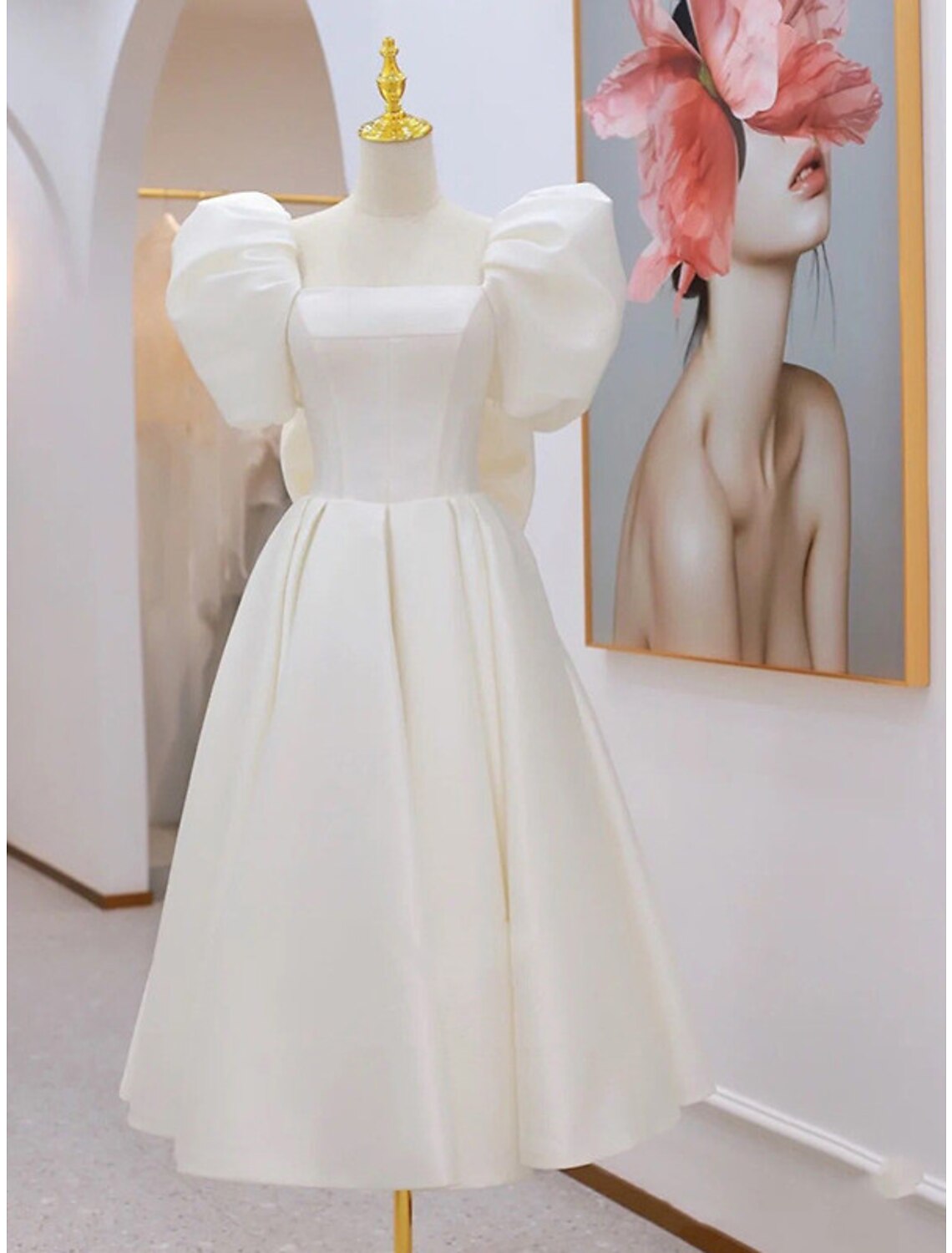 Reception Little White Dresses Wedding Dresses A-Line Square Neck Short Sleeve Knee Length Satin Bridal Gowns