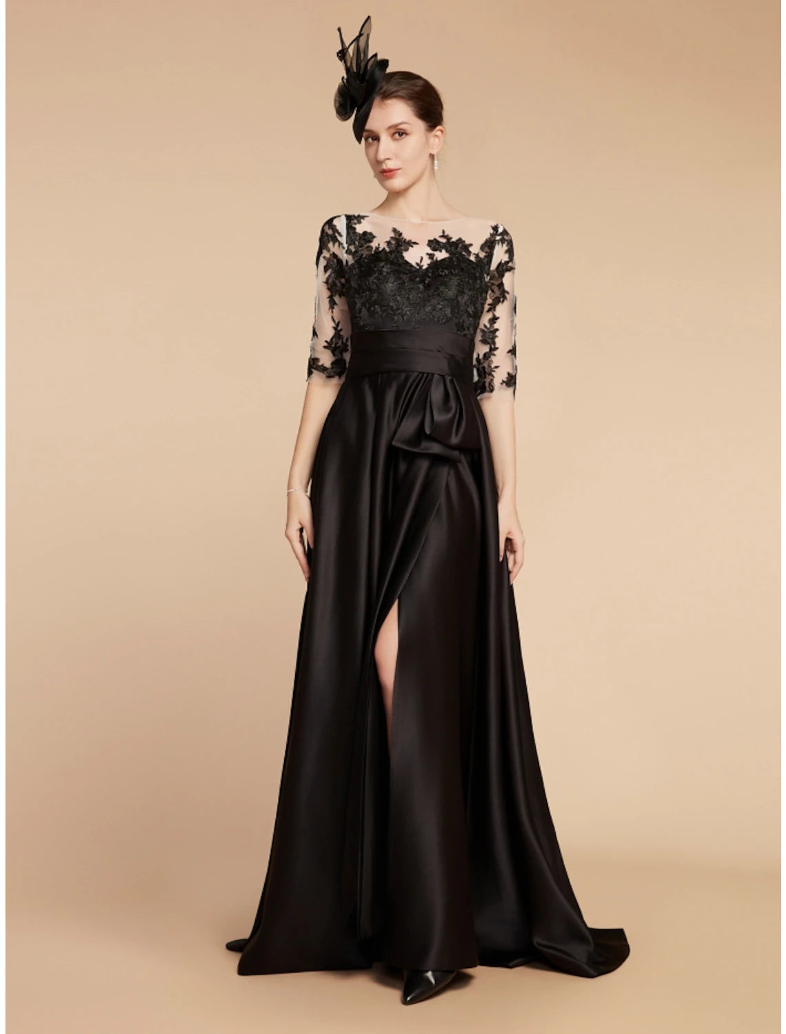 A-Line Mother of the Bride Dress Wedding Guest Elegant Party Jewel Neck Sweep / Brush Train Satin Lace Half Sleeve with Split Front Ruching