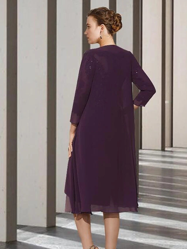 Two Piece A-Line Mother of the Bride Dress Church Elegant Jewel Neck Knee Length Chiffon Lace 3/4 Length Sleeve Jacket Dresses