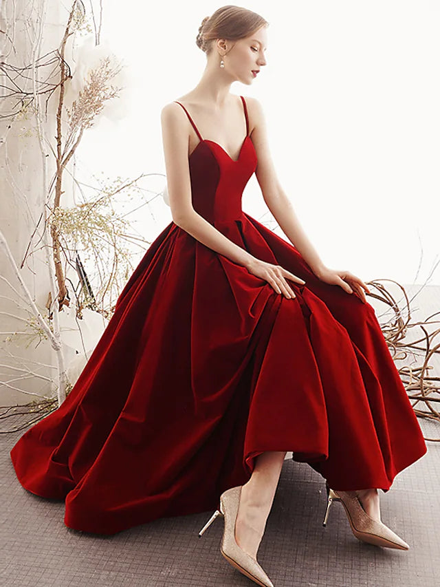 A-Line Prom Dresses Beautiful Back Dress Party Wear Ankle Length Sleeveless Spaghetti Strap Velvet with Sleek