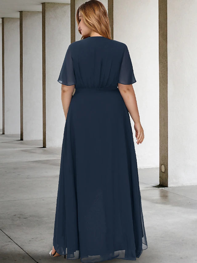 A-Line Plus Size Curve Mother of the Bride Dresses Elegant Dress Formal Asymmetrical Short Sleeve V Neck Chiffon with Bow(s)