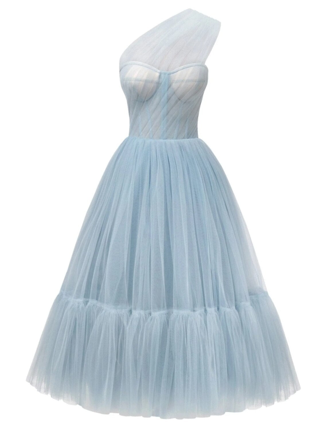 A-Line Prom Dresses Elegant Dress Formal Tea Length Sleeveless One Shoulder Tulle