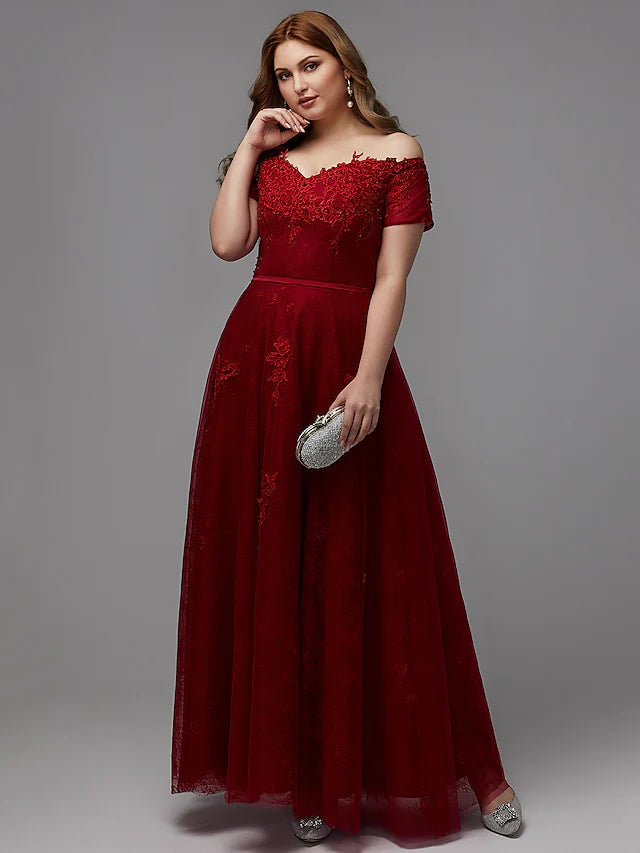 A-Line Plus Size Bridesmaid Dresses Wedding Guest Floor Length Short Sleeve Off Shoulder Lace Lace-up with Beading