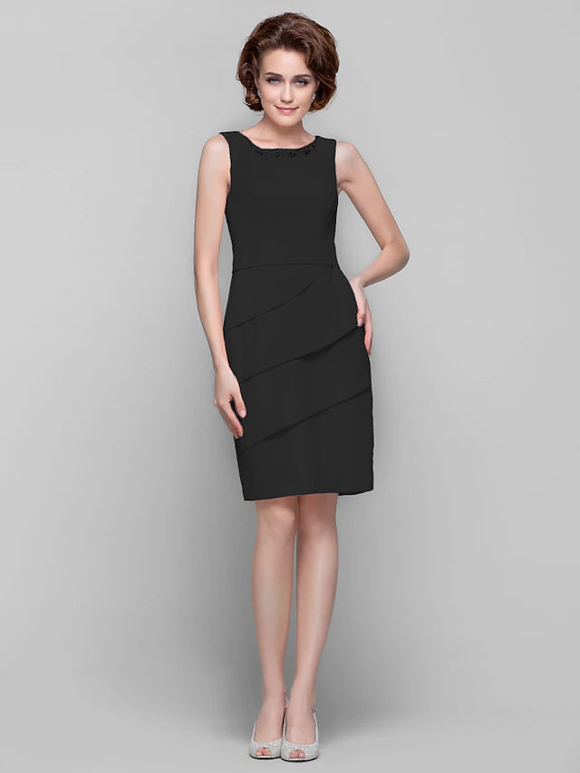 Sheath / Column Mother of the Bride Dress Jewel Neck Knee Length Chiffon Sleeveless with Crystals Beading