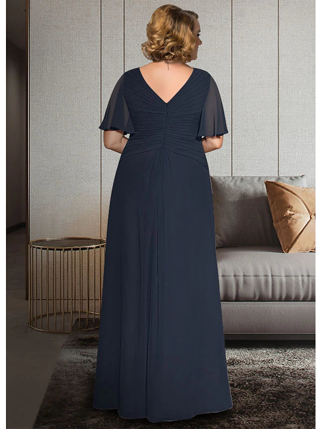 A-Line Mother of the Bride Dress Plus Size Elegant V Neck Ankle Length Chiffon Half Sleeve with Pleats