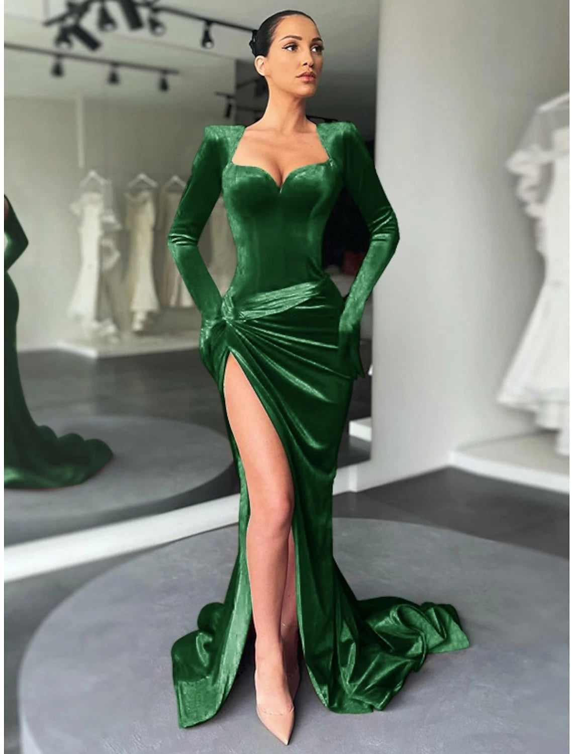 A-Line Evening Gown Red Green Dress Vintage Dress Formal Fall Court Train Long Sleeve Sweetheart Velvet with Ruched