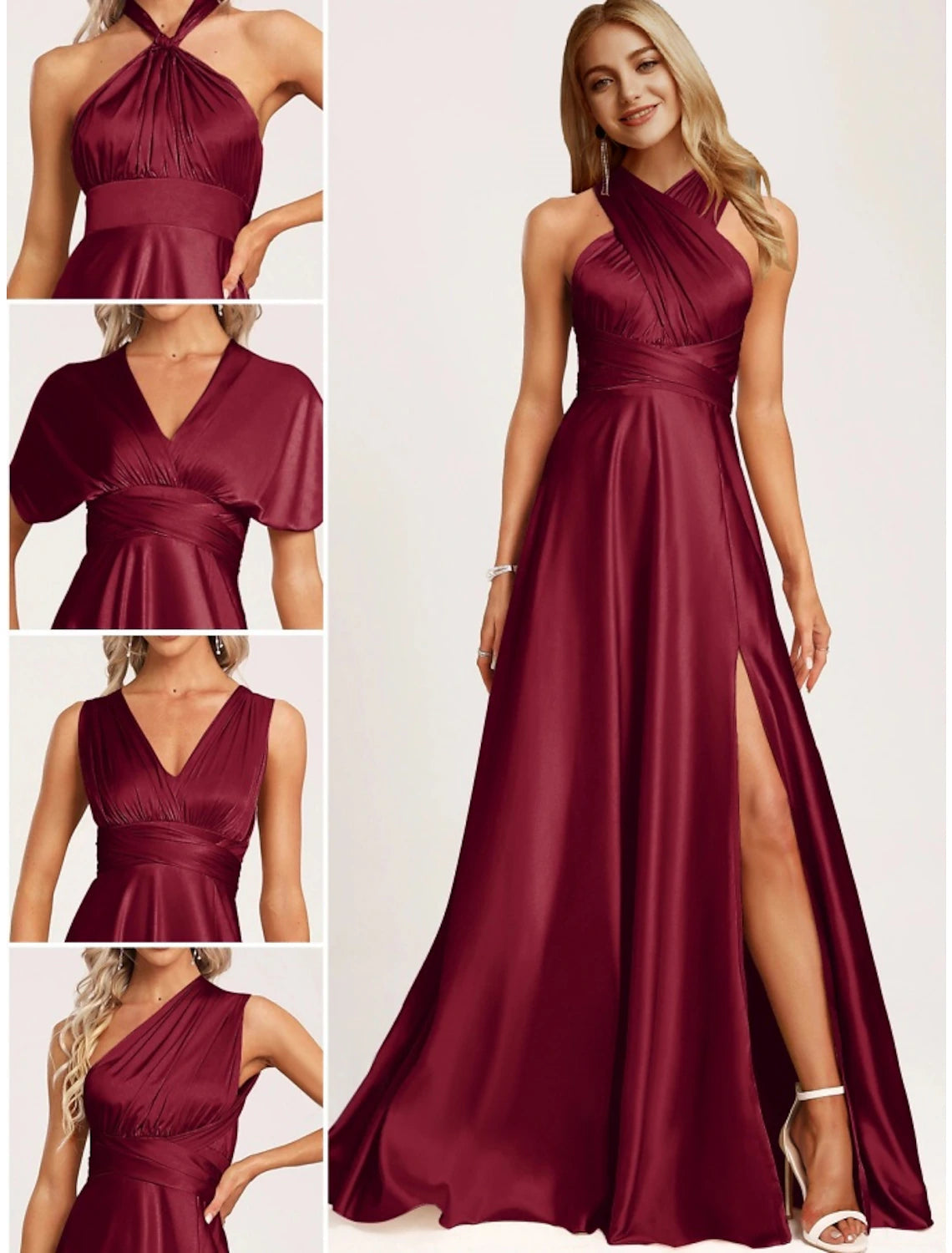 Bridesmaid Dress Halter Neck Sleeveless Elegant Floor Length Stretch Satin with Split Front / Ruching