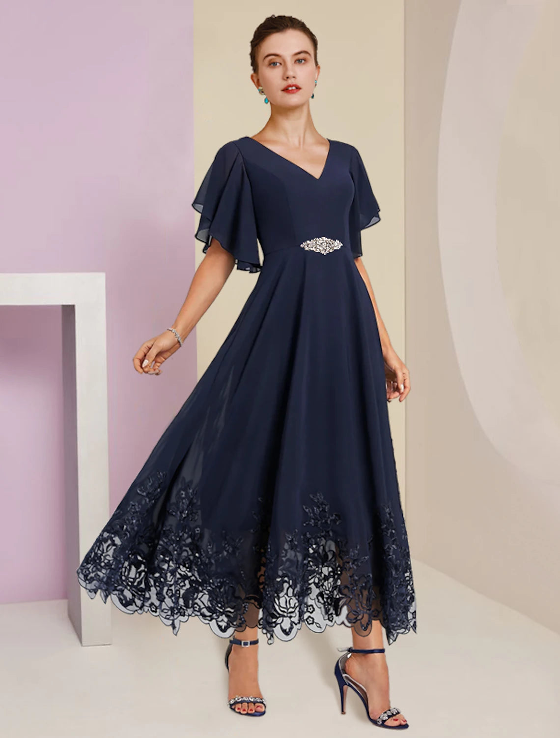 A-Line Mother of the Bride Dress Formal Fall Wedding Guest Elegant V Neck Tea Length Chiffon Lace Short Sleeve