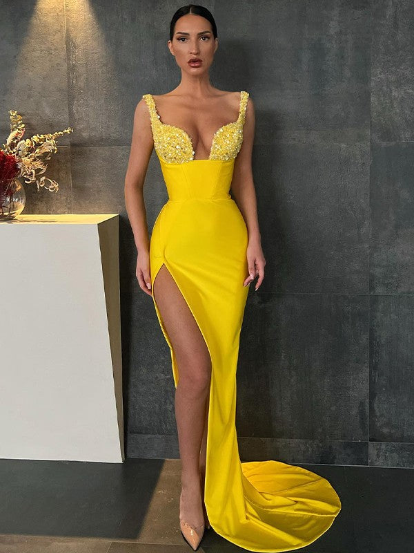 Stretch Crepe Sequin V-neck Sleeveless Yellow Prom Dresses Long Sexy