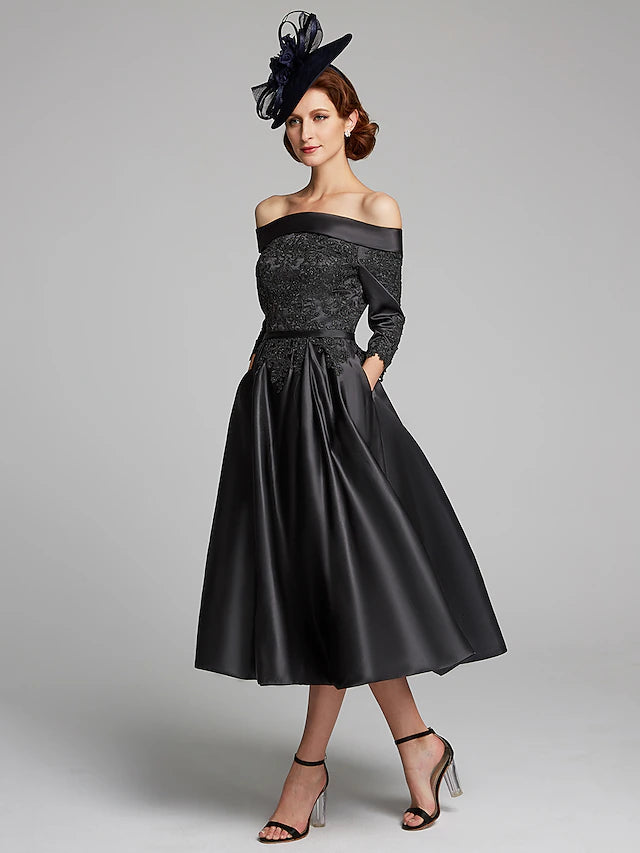 A-Line Mother of the Bride Dress Plus Size Sexy Off Shoulder Tea Length Satin Lace 3/4 Length Sleeve