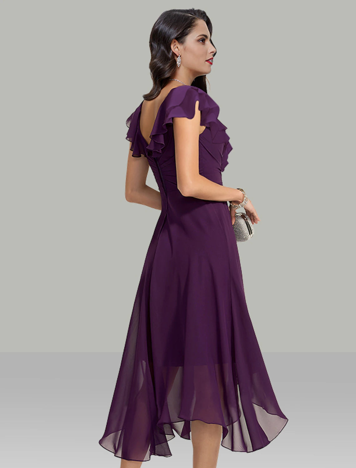 A-Line Wedding Guest Dresses Elegant Dress Cocktail Party Dress Semi Formal Tea Length Short Sleeve V Neck Chiffon