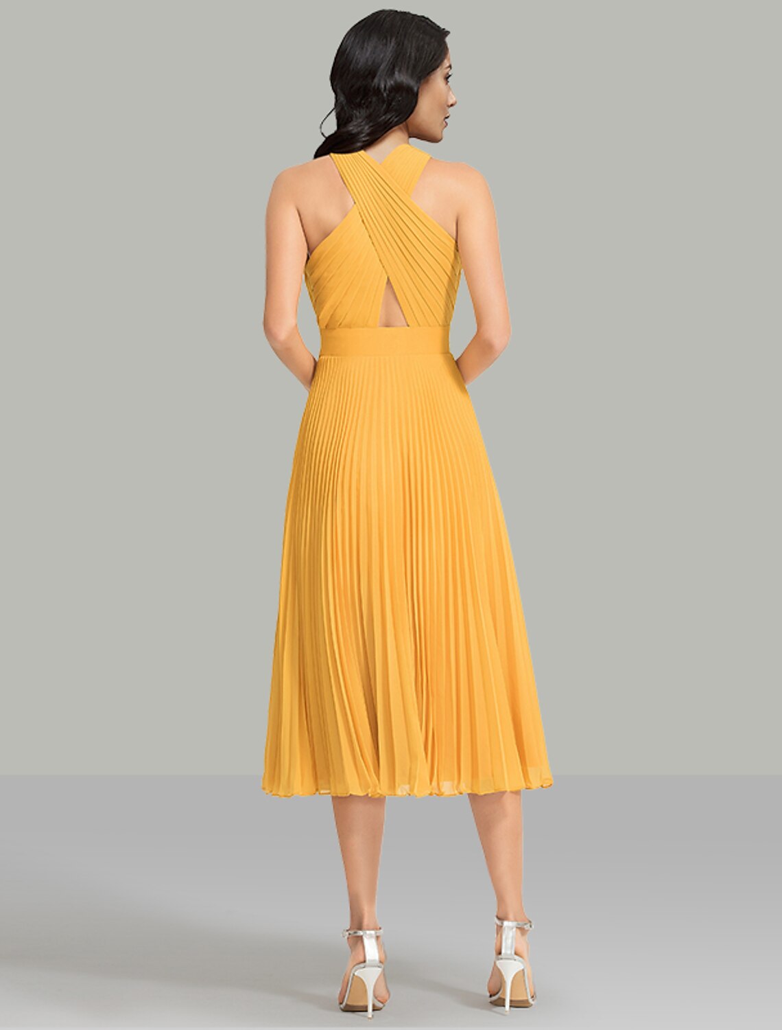 A-Line Wedding Guest Dresses Elegant Dress Cocktail Party Wedding Party Tea Length Sleeveless Halter Neck Chiffon