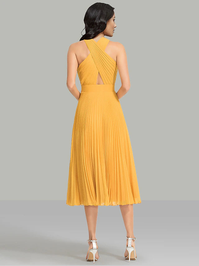 A-Line Wedding Guest Dresses Elegant Dress Cocktail Party Tea Length Sleeveless Halter Chiffon