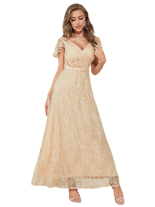 A-Line Wedding Guest Dresses Elegant Dress Party Wear Ankle Length Short Sleeve V Neck Chiffon