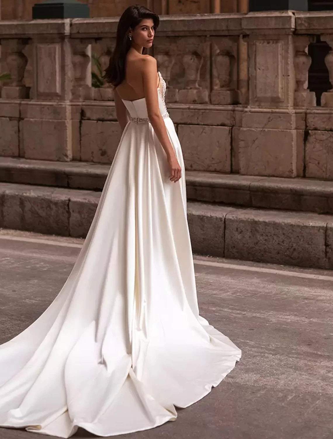 Hall Casual Wedding Dresses Sheath / Column Square Neck Strapless Chapel Train Satin Bridal Gowns