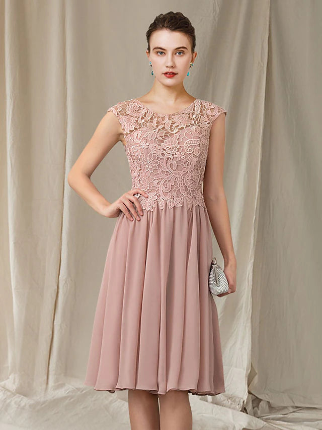 A-Line Mother of the Bride Dress Elegant Jewel Neck Knee Length Chiffon Lace Sleeveless with Pleats