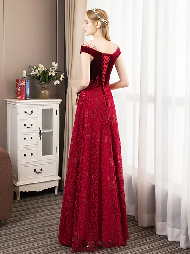A-Line Prom Dresses Glittering Dress Engagement Floor Length Short Sleeve Jewel Neck Tulle with Pleats Crystals Pattern