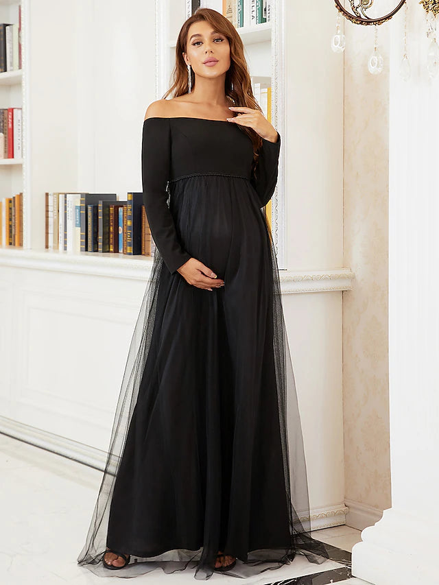A-Line Mother of the Bride Dress Maternity Elegant Off Shoulder Floor Length Tulle Long Sleeve with Tier Black