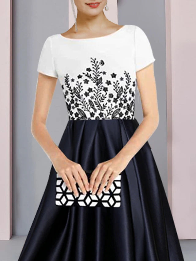 Sheath / Column Mother of the Bride Dress Formal Party Elegant Scoop Neck Asymmetrical Satin Short Sleeve with Pleats