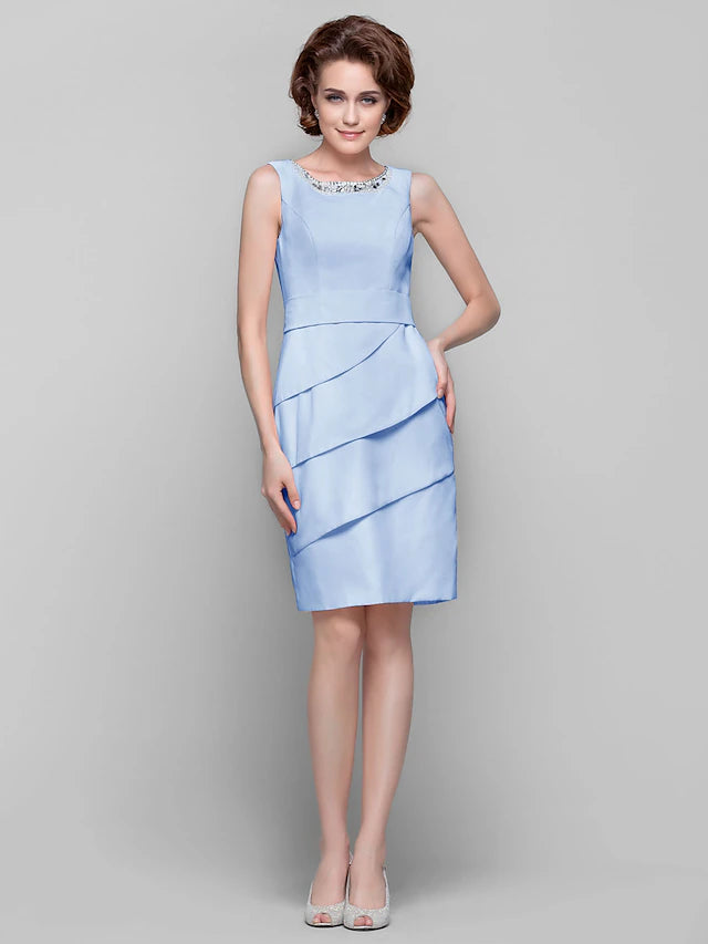 Sheath / Column Mother of the Bride Dress Jewel Neck Knee Length Chiffon Sleeveless with Crystals Beading
