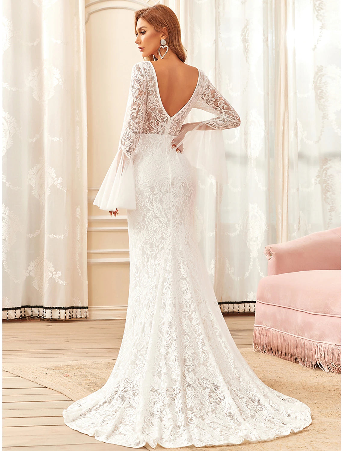 Reception Boho Wedding Dresses Mermaid / Trumpet Illusion Neck Long Sleeve Sweep / Brush Train Lace Bridal Gowns