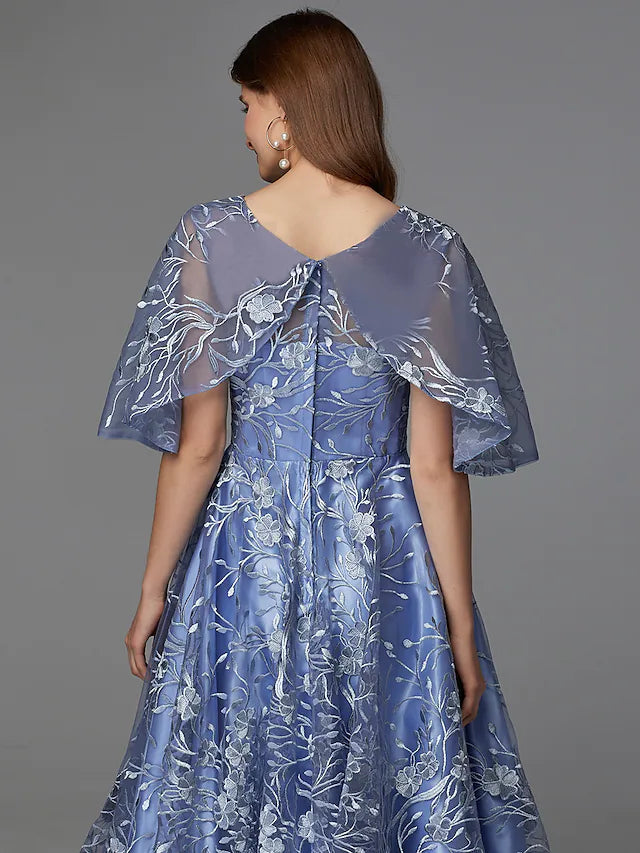 A-Line Floral Dress Wedding Guest Tea Length Sleeveless V Neck Lace V Back with Pattern / Print