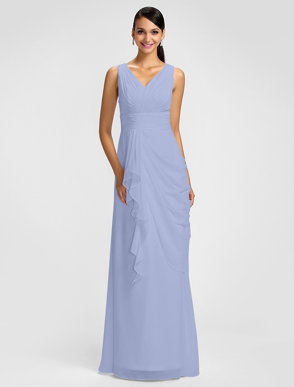 Sheath / Column V Neck Floor Length Chiffon Bridesmaid Dress with Draping / Sash / Ribbon