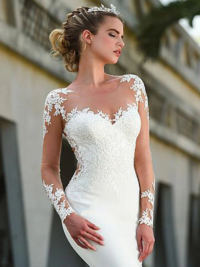 Engagement Open Back Formal Wedding Dresses Court Train Mermaid / Trumpet Long Sleeve Illusion Neck Crepe