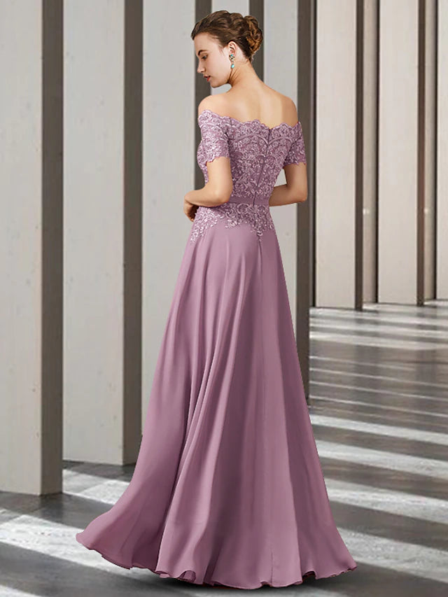 A-Line Mother of the Bride Dress Elegant Off Shoulder Floor Length Chiffon Lace Short Sleeve with Appliques Long