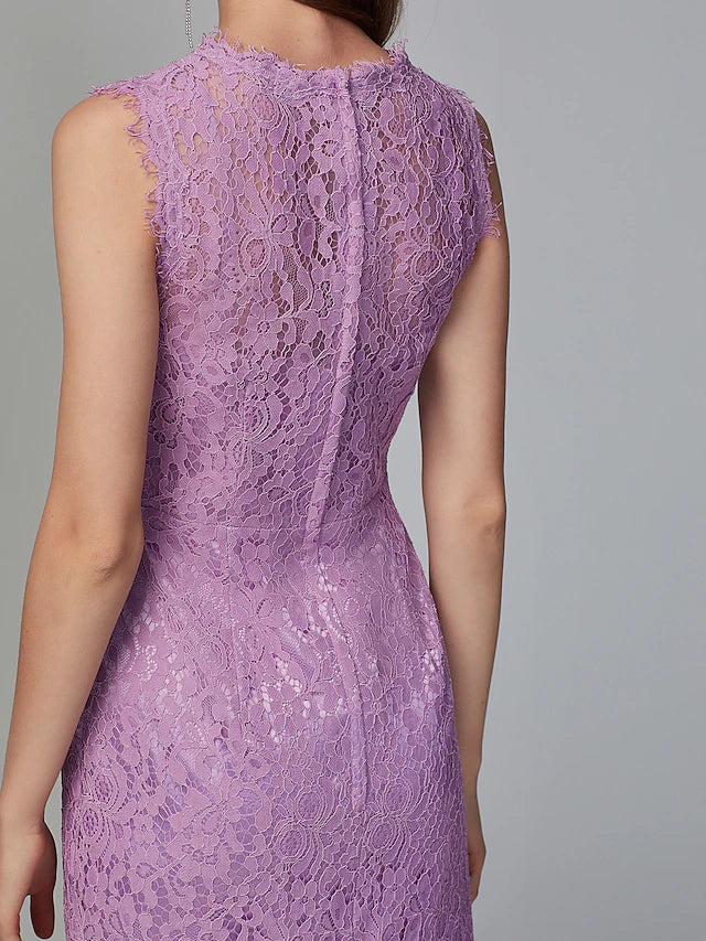 Sheath / Column Bridesmaid Dress Jewel Neck Sleeveless Elegant Midi / Knee Length Lace with Lace Pure Color