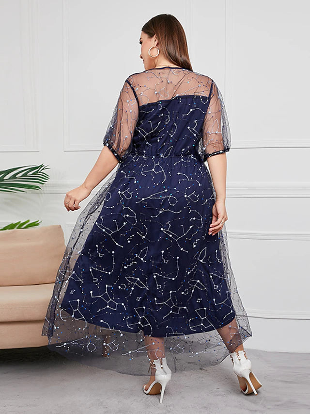Plus Size Curve Mother of the Bride Dress Party Sparkle & Shine Scoop Neck Ankle Length Tulle Half Sleeve with Sequin