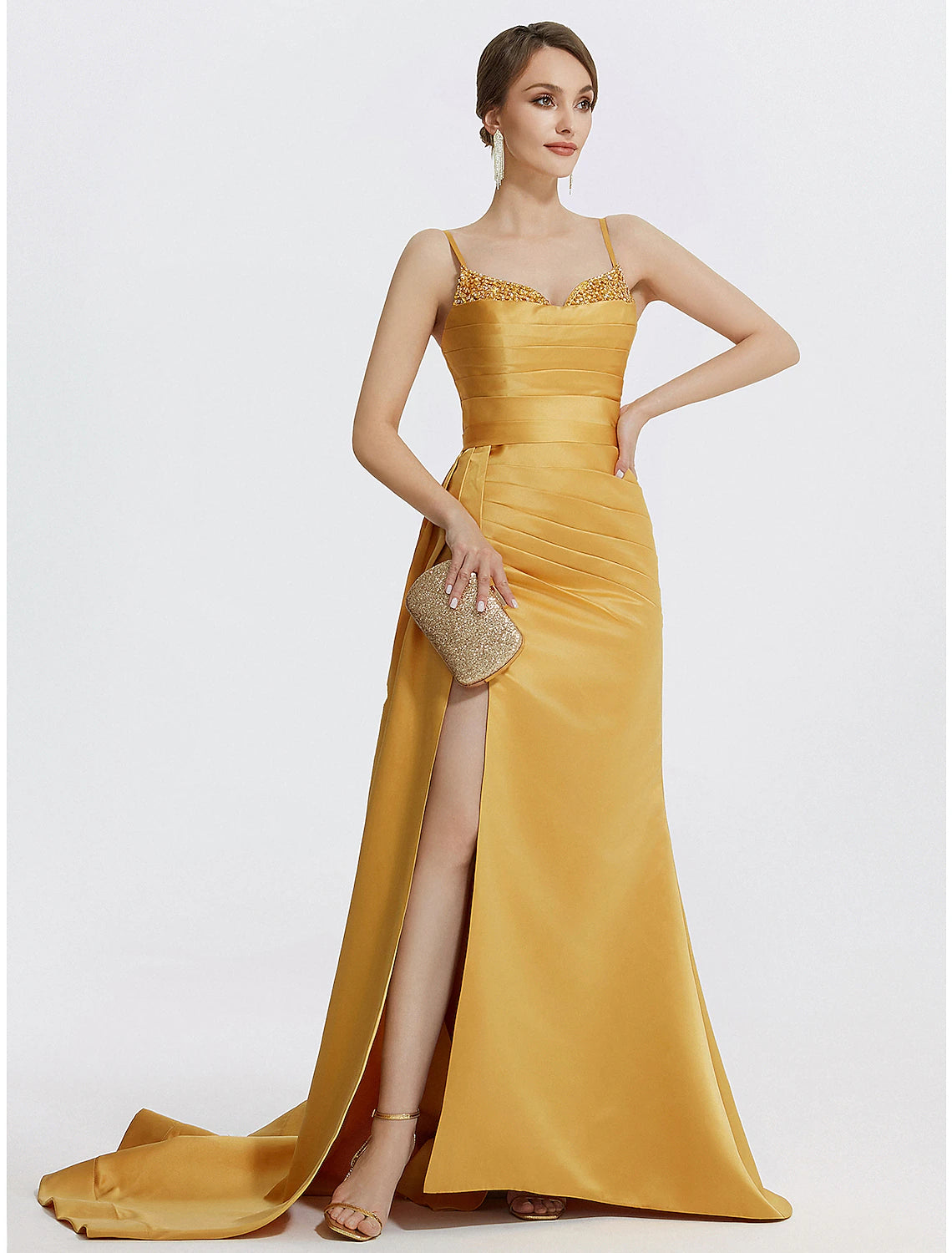 A-Line Evening Gown Sparkle Dress Wedding Prom Sweep / Brush Train Sleeveless Spaghetti Strap Satin