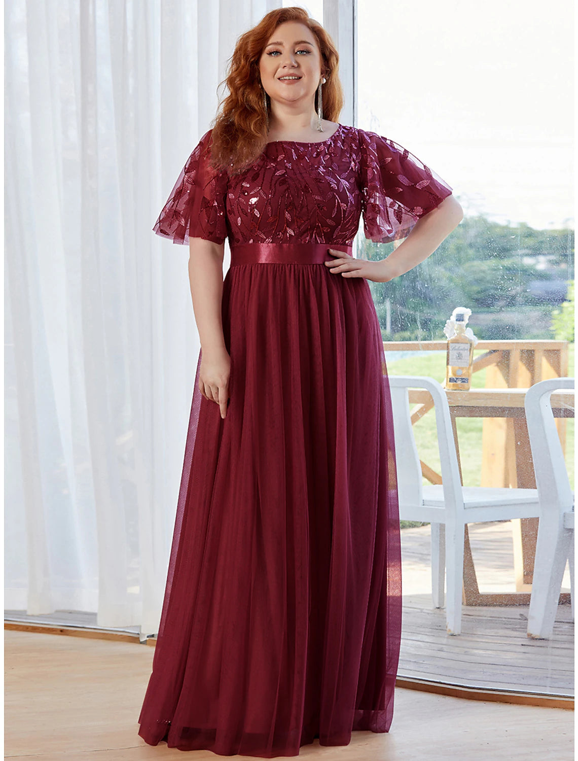A-Line Prom Dresses Vintage Dress Prom Floor Length Short Sleeve Jewel Neck Tulle with Sequin Ruffles
