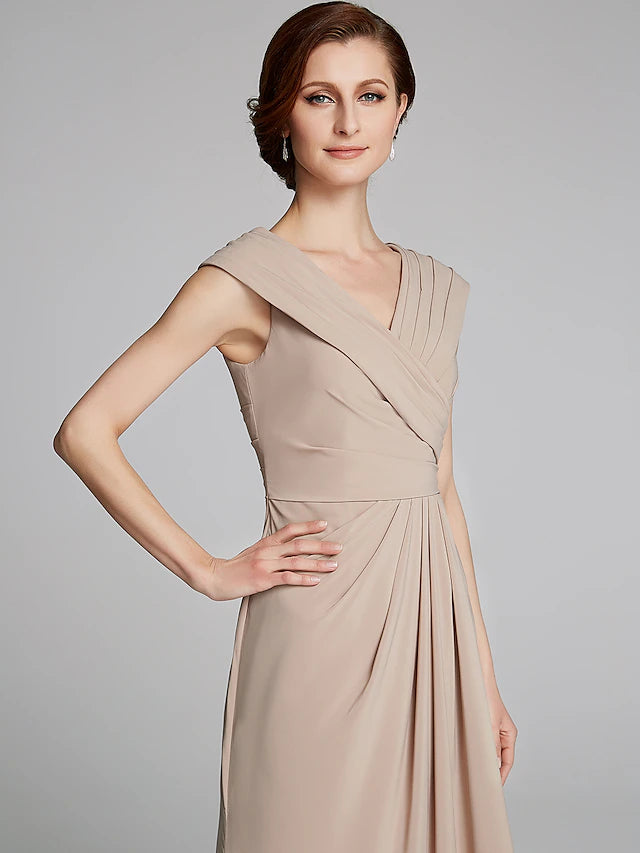 Sheath / Column Mother of the Bride Dress Elegant V Neck Floor Length Jersey Short Sleeve