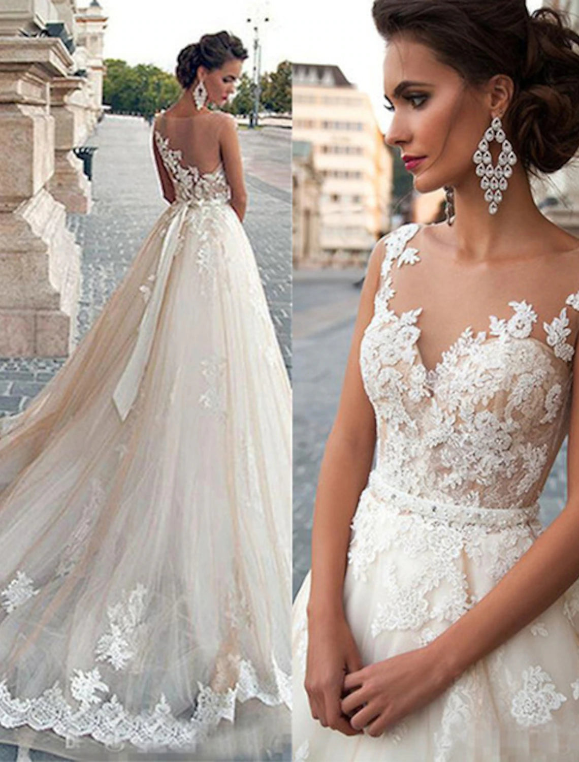 Engagement Open Back Formal Wedding Dresses Ball Gown Illusion Neck Sleeveless Court Train Satin Bridal Gowns