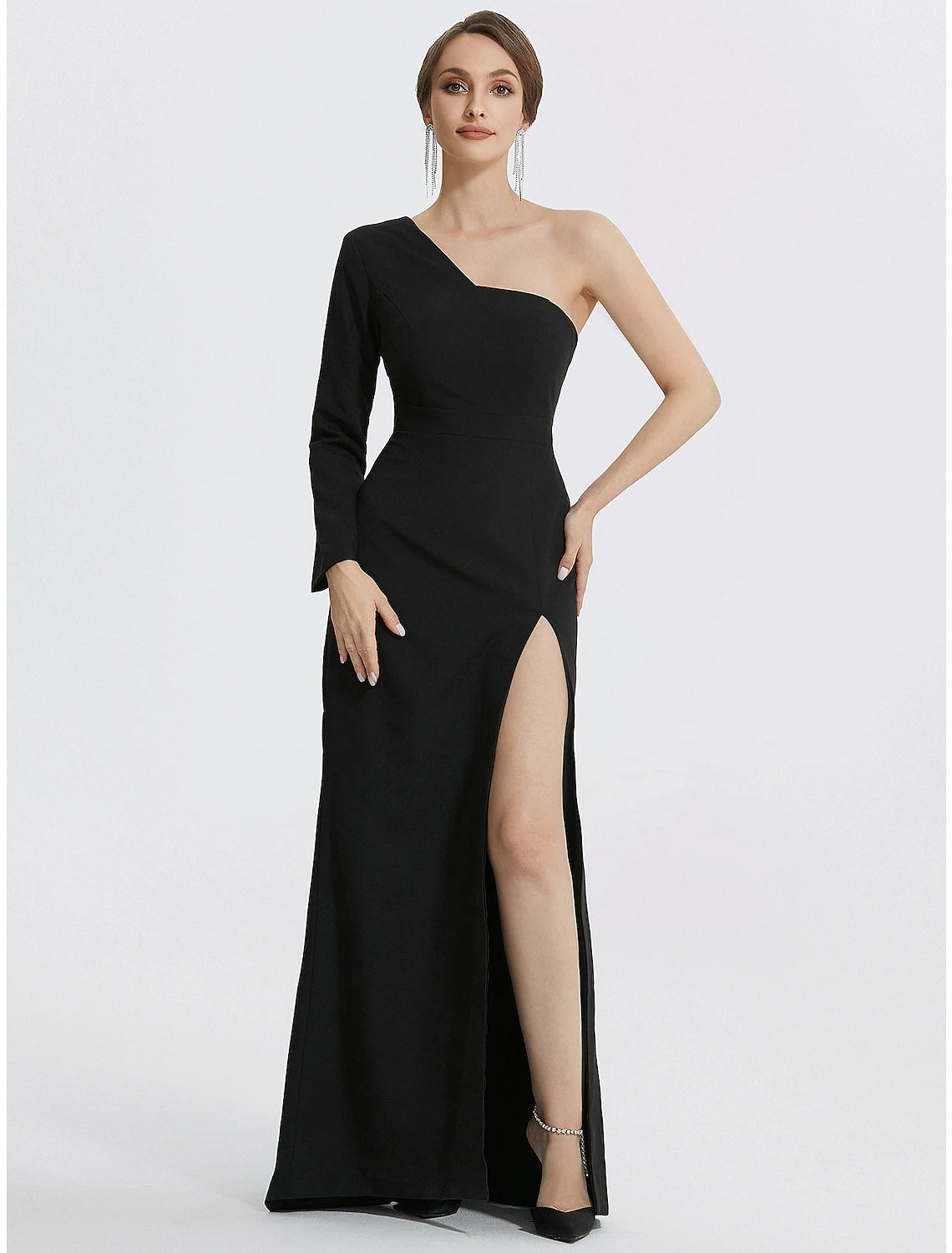Mermaid Evening Gown Elegant Black Dress Wedding Guest Prom Floor Length Long Sleeve One Shoulder Stretch Fabric