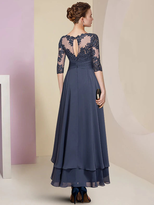 Sheath / Column Mother of the Bride Dress Wedding Guest Party Elegant High Low Jewel Neck Asymmetrical Chiffon Lace Half Sleeve with Pleats